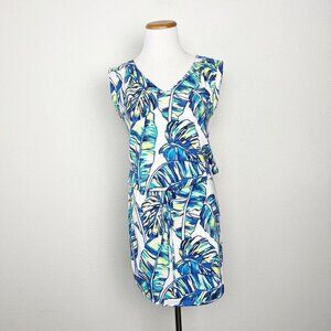 Tori Richard Blue and Green Leaf Print Mini Dress